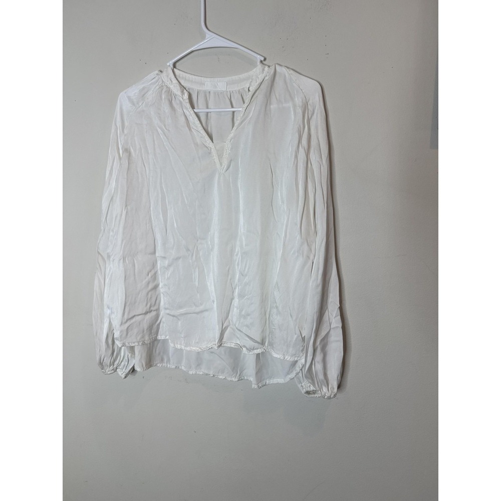 CP Shades Blouse Womens XS White Silk V Neck Ruffle Hem Tunic Top Long Sleeve